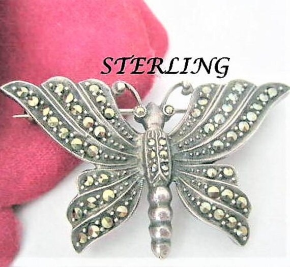 Sterling Marcasite Butterfly, Silver Butterfly, Butterfly Signed 925, 70's Brooch