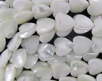 10mm white mother of pearl mop heart beads 16" strand 34653