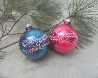 Two Shiny Brite USA stenciled MERRY CHRISTMAS ornaments / vintage 2.5 inch bauble ball