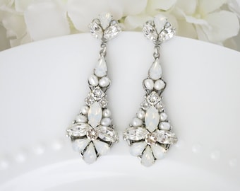 Opal bridal earrings, White Opal wedding earrings, Crystal bridal earrings, Swarovski Statement earrings, Crystal chandelier