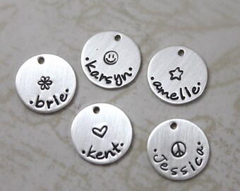 Inspirational, Tiny custom sterling silver name charm with center design, hand stamped personalized charm, custom name, handmade