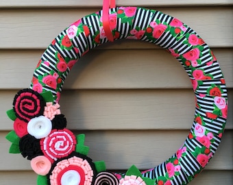Spring Wreath - Summer Wreath - Rose Wreath - Felt Flower Wreath - RIbbon Wreath - Mother's Day Wreath - Felt Wreath - Spring Felt Wreath