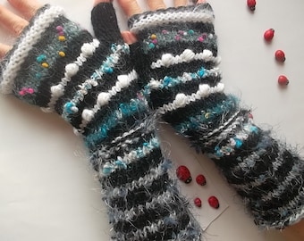 Women Size L 20% OFF Gloves Ready To Ship Hand Knitted Accessories Fingerless Mittens Warm Wrist Warmers Crochet Mohair Winter Striped 982