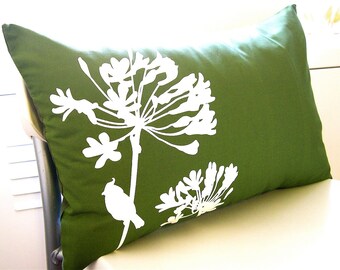 SALE Grass Green Cardinal on Agapanthus Rectangle Pillow