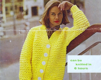 PDF Instant Download Vintage 1960's Knitting Pattern for a Women's Cardigan. Quick to knit in garter stitch - 34- 38 inch chest.