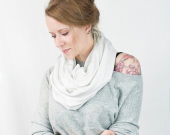 White Infinity Scarf, Jersey Scarf, Circle Scarf, White Scarf, Cotton Scarf, Winter Scarf Wife Gift for Her Girlfriend Gift, Boss Gift