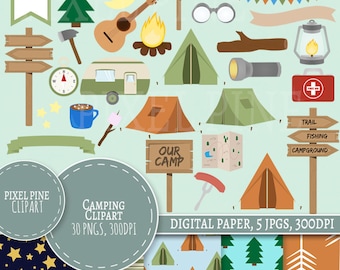 Camping Clipart Set, 30 PNGs, 5 Camping Digital Paper JPGs, Commercial Use, Camp site clipart, camp ground, camp fire clip art tents clipart