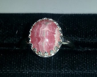 Oval rhodochrosite and sterling silver ring, size 6 3/4.