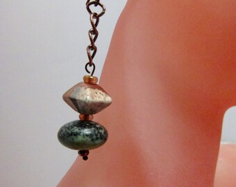 Rustic Earring Green Zebra Jasper Raku Chain Dangle