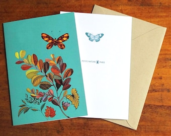 Illustrated postcard, 3,9 x 5,8, plants and butterfly