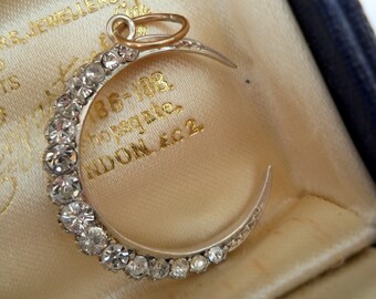 Victorian fine sterling silver paste crescent moon pendant (brooch conversion) antique charm talisman luck protection sweetheart honeymoon