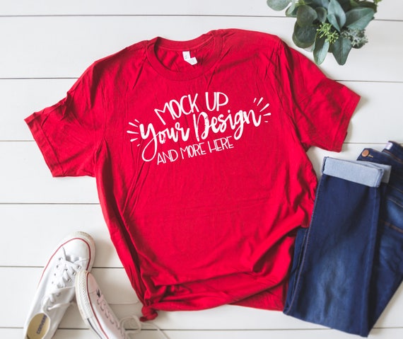 Download Bella Canvas 3001 Canvas Red Unisex T-shirt Mockup-T-Shirt