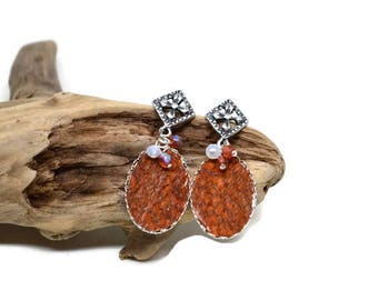 Earrings silver, leather rust trout, fish leather, Nanai collection