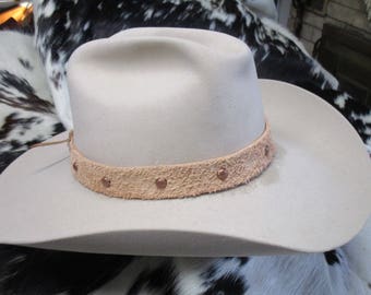 Leather Hatband, Natural Leather, Roughout Leather Hatband with Antique Copper Dome Spots and Adjustable Lace Tie