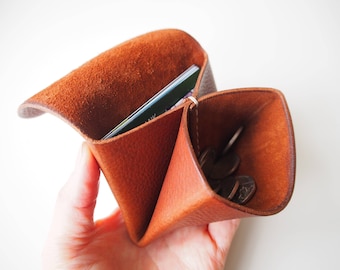 Leather Origami Wallet, Small Leather Wallet, Leather Coin Purse, Coin Case, Leather Card Case, Travel Jewellery Case - Tan