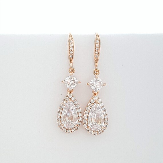 Rose Gold Earrings Wedding Earrings Crystal Drop Bridal