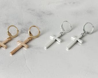 Cross Earrings, Gold Cross Earrings, Silver Cross Earrings, Cross Hoop Earrings, Drop Cross Charm Earrings, Minimalist Cross Earrings,
