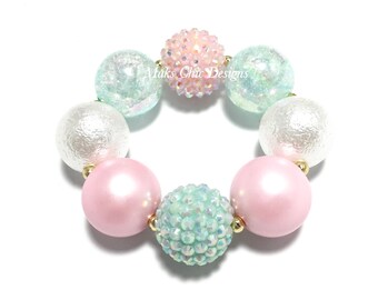 Toddler or Girls Pink, White and Mint Green Chunky bracelet - Pastel Easter Chunky Bracelet - Unicorn Bracelet - Pale Pink Chunky Bracelet