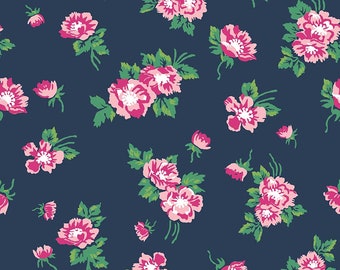SALE Derby Day Main Navy by Riley Blake Designs - Blue Floral Flowers - Jersey KNIT cotton lycra spandex stretch fabric - choose your cut