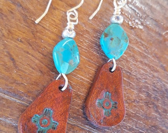Leather and Turquise Earrings - Zia Symbol - Sterling Silver - Cowgirl Jewelry - Western -Leather Earrings by Heart of a Cowgirl