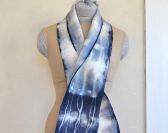 Hand Eco Dyed Scarf Soft Thick Felted Wool Fabric Snow & Ice Organic Abstract Imagery