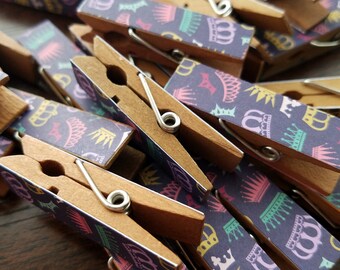 Baby Shower Clothesline Gift - Purple Royal Wedding Princess Party Crowns - Chunky Mini Clothespin Clips w Twine for Display - Set of 12