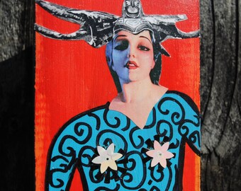 collage, mixed media art, ephemera on wood