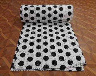 Queen Black and White Polka dot Kantha Quilt Indian Cotton Kantha Throw Handmade Kantha Blanket 90x108 inch