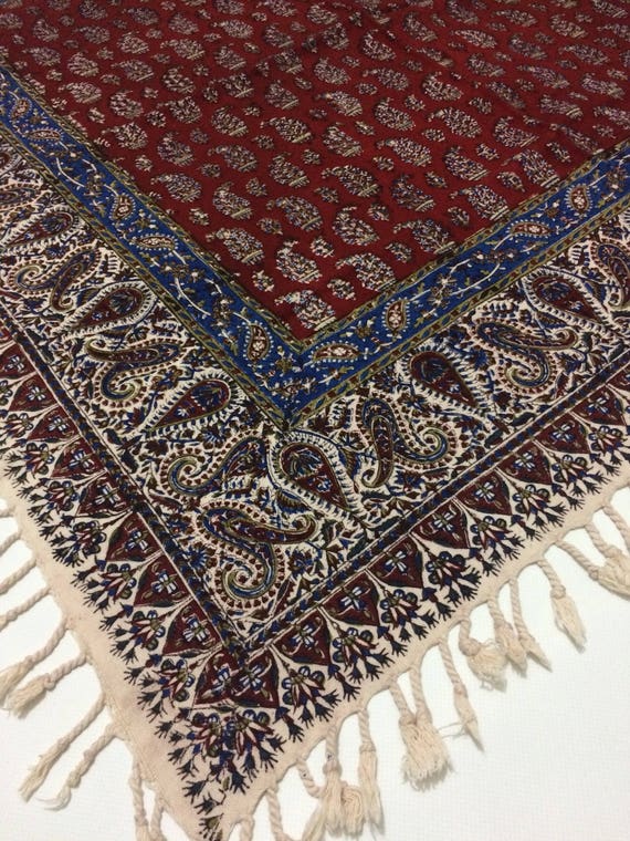 Handmade 40" inches red tablecloth in paisley design | block printed tapestry | natural dyes with tassels