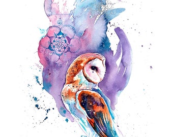 Barn Owl Print Purple & Silver - Print of barn owl watercolour painting as wall art