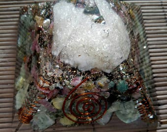 Orgone Pyramid Prehnite With Epidote - Watermelone Tourmaline-Morocco Crystal Natural Stone And Copper 70 MM