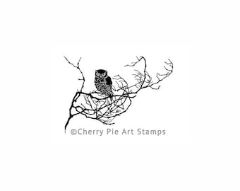 OWL on tree branch- CLING RuBBer STAMP by Cherry Pie Q538