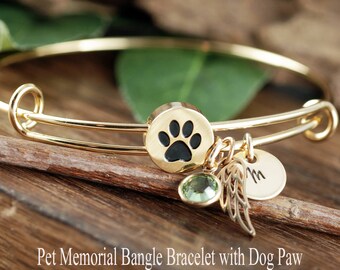 Gold Personalized Pet Memorial Bracelet, Angel Wing Bracelet, Dog Paw Bangle Bracelet, Pet Loss Gift, Pet Memorial Gift, Memorial Bracelet
