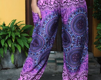 Hippie Boho Pants Women Bohemian Clothing Yoga Wear Flowers Pink One Size