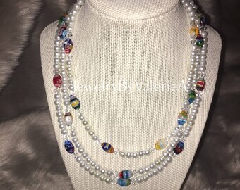 Triple Strand Pearl & Lampwork Necklace And Earring Set