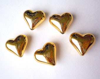 10 large gold plated acrylic heart beads, 22 mm vintage lucite puffy hearts with vertical holes
