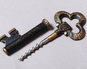 SALE 25%off Vintage metal corkscrew stylized as sceleton key. Bottle opener.