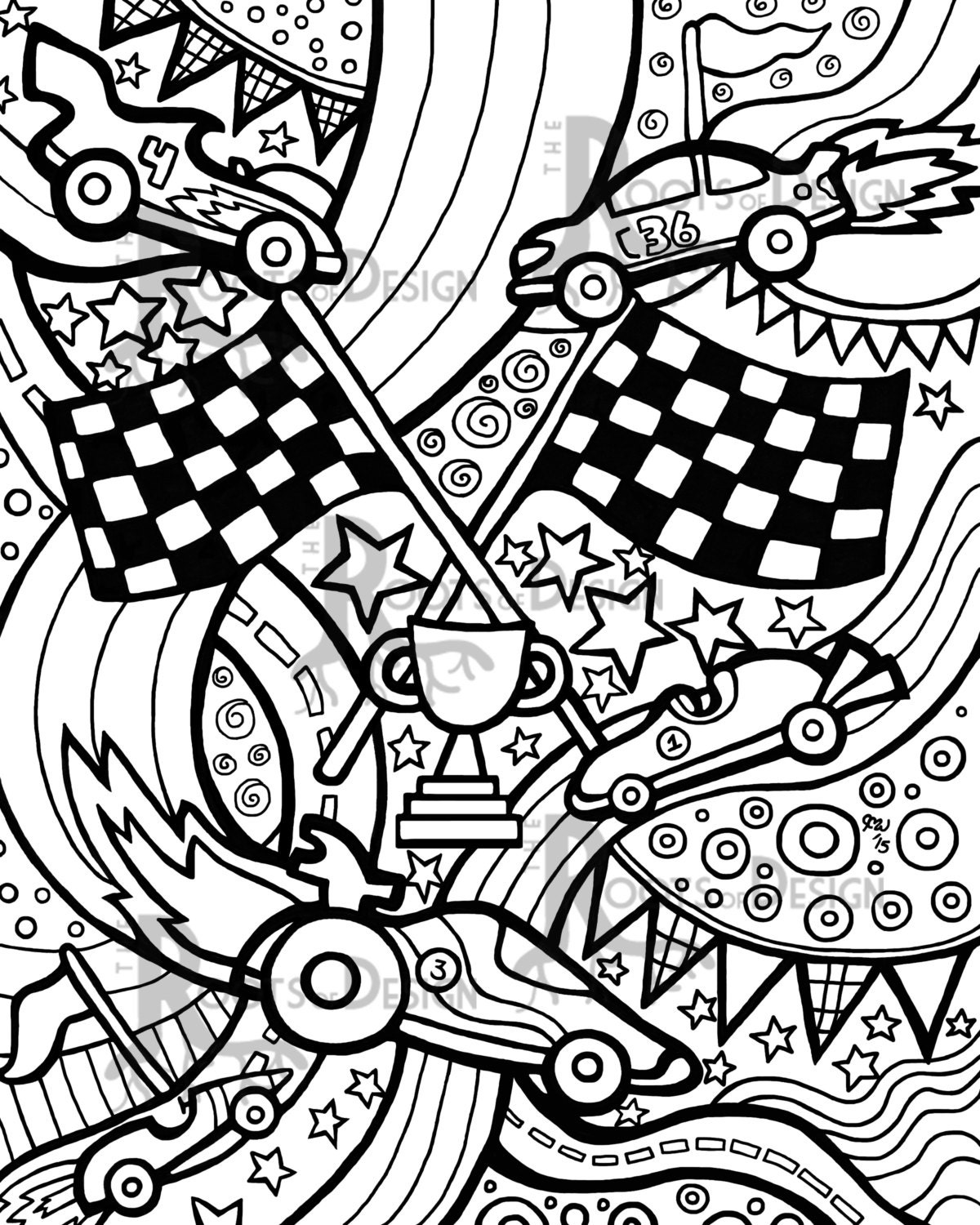INSTANT DOWNLOAD Coloring  Page  Race Cars  zentangle inspired