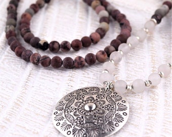 Gentle Heart Necklace - Artistic Jasper - Rose Quartz - Hill Tribe Silver - Mala -Silver pendant - Healing Gemstone jewelry - Yoga jewelry -