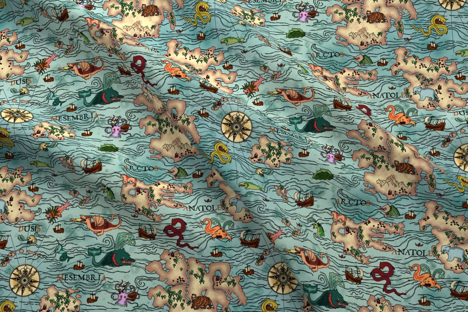 Ancient Sea Monsters Map Fabric Map Monsters Ancient Blue