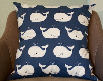 Whale Pillow Cover - Navy Blue/White