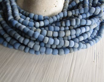 Ethnic blue glass seed bead, matte opaque , small barrel tube irregular spacer, indonesian 3 to 6mm, New indo-pacific (22 inches)7ab29-15