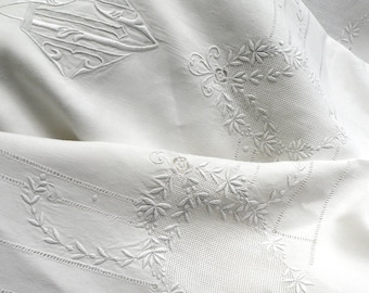 Antique French Linen Sheet & Pillowcase Monogram MC CM Superb Embroidery 240 cms Wide (7ft 11 ins)