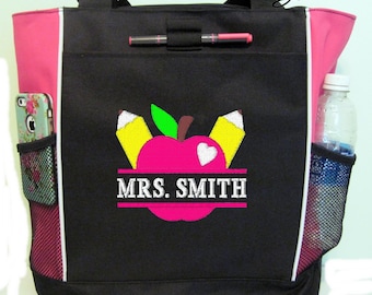 Free Shipping - Personalized Teacher Tote Bag - More Colors - monogrammed School Apple Books Gift Custom