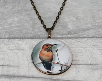 Bird Locket Necklace, Bird Necklace, Bird Pendant, Pink Blossom Necklace