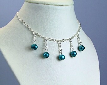 Teal Blue Freshwater Pearl Sterling Necklace - N379