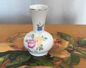 Bud Vase Small White Ceramic Vase Vintage Flower Gold Blue Pink Flowers 3.75in