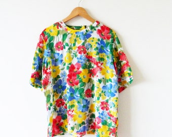 Rainbow Floral Vintage Blouse / Vintage Oversized Floral Top / Bright Floral Slouchy Blouse
