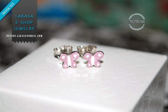 Purple Enamel Butterfly Studs Earrings Sterling Silver 925 white Gold-plated Handmade Jewelry Baby Girl Gift Kids Collection Floral Design