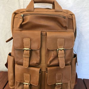 Great Vintage Genuine Custom Made Tan Leather Rugged Rucksack Backpack Bag Multipockets